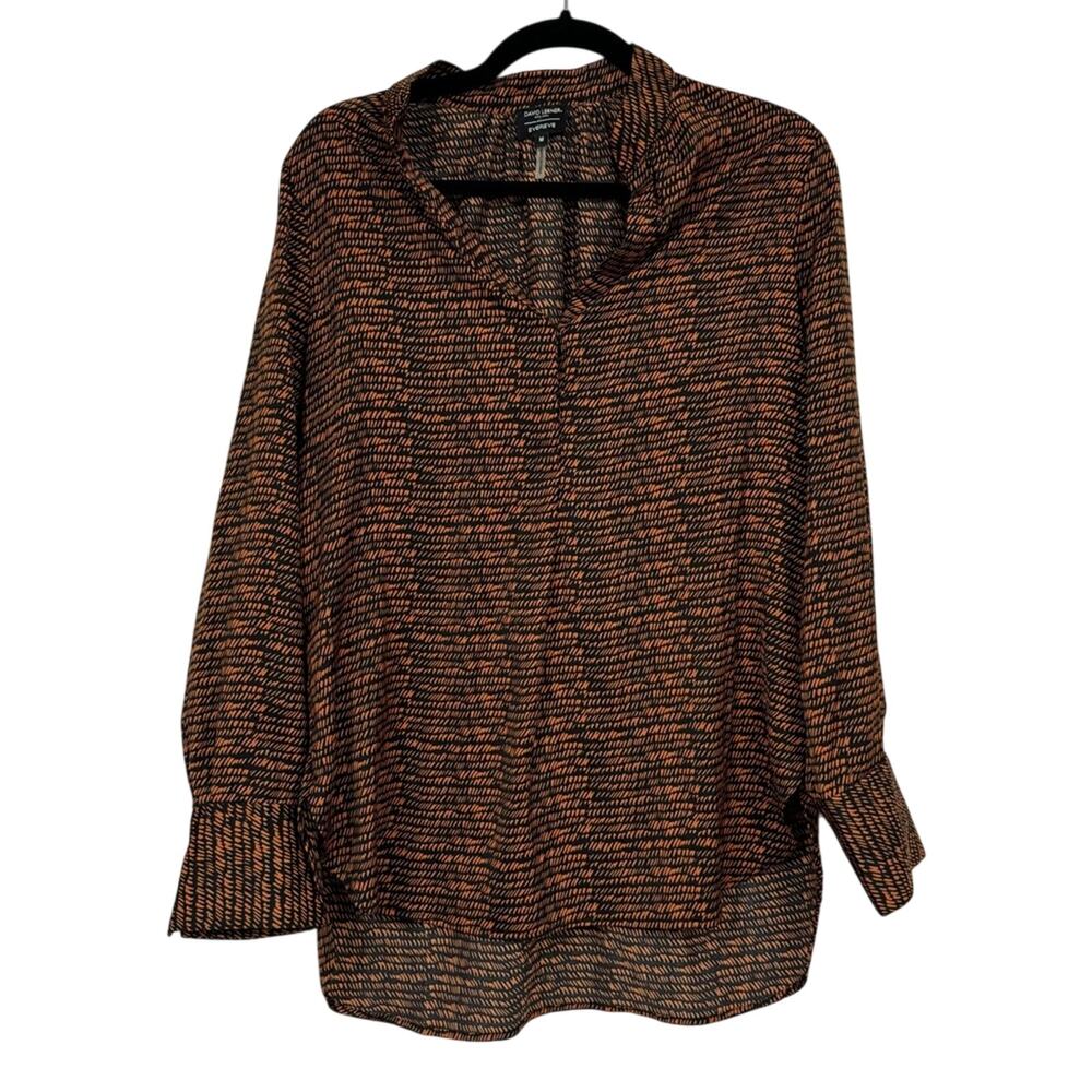 David Lerner X Evereve Brown & Black Printed Long Sleeve Blouse Women’s M Shirt